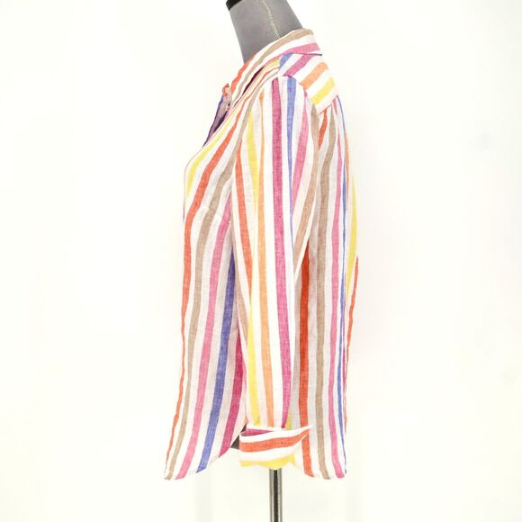 Talbots Top Petites MP PM Linen Blouse Blue Pink Yellow Stripe Beach Resort - Picture 12 of 14